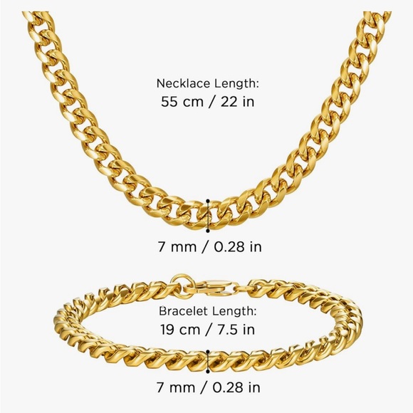 18K Gold Cuban Chain Set 8MM Necklace & 7MM Bracelet Set 22” + 7.5” Statement